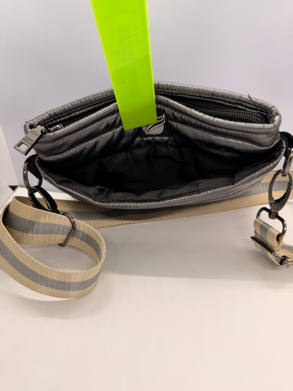 THINK ROYLN Quilted Crossbody Bag in Black with Beige-Gray Stripe Strap - Picture 6 of 13